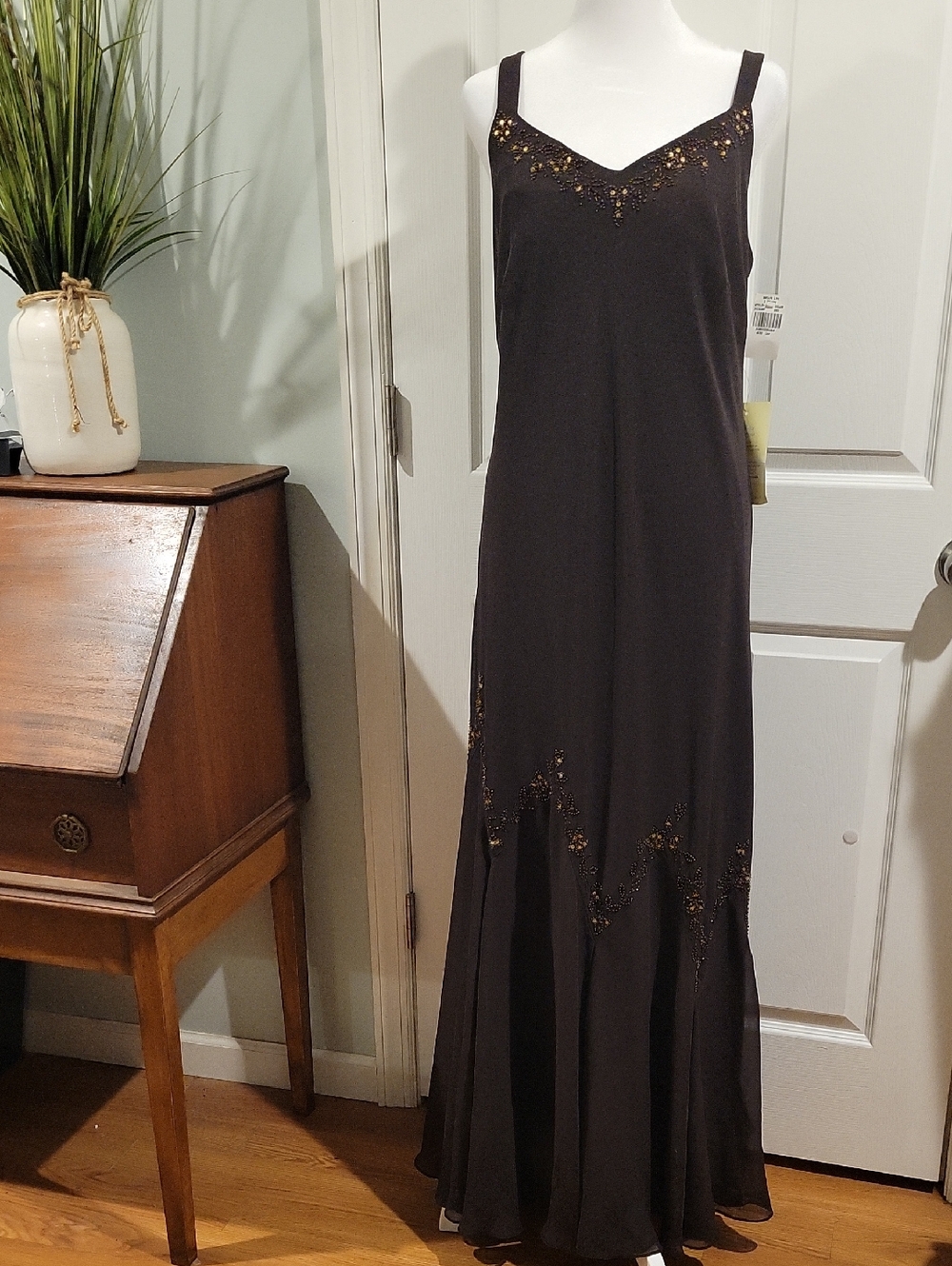 Xscape Brown Maxi Dress with Gold/copper Beaded Accents